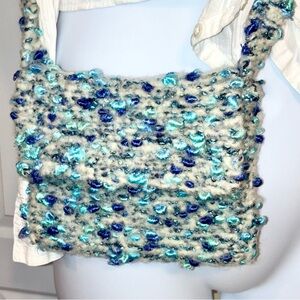 Handmade Knit Wool Crossbody Bag Purse Blue Aqua Gray Boho Bohemian